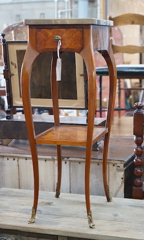 A Louis XV style marquetry inlaid brass mounted kingwood two tier table, width 25cm, depth 33cm, height 69cm